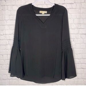 Michael Kors Size S Semi Sheer Black Long Bell Sleeve V Neck Lightweight Blouse